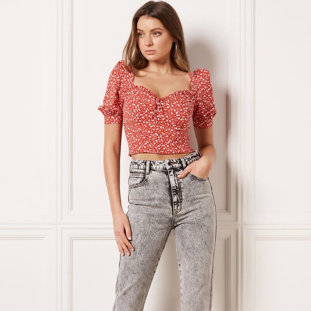 Bardot Ditsy Red Floral Crop Top Sweetheart Puff Sleeve XXS 2